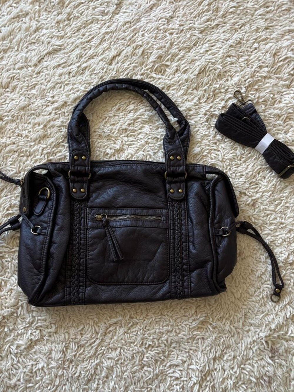 Coffee Brown Faux Leather Satchel Handbag Purse Braided Crossbody Strap
